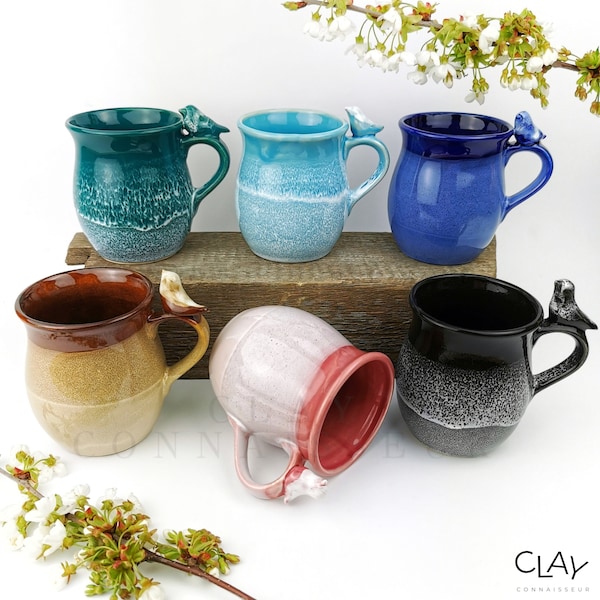 Tasses en céramique pour amoureux des oiseaux avec sous-verres en bois de chêne massif • Tasses en poterie faites main • Ensemble de tasses en grès • Tasse à café jardin • Idée cadeau Noël