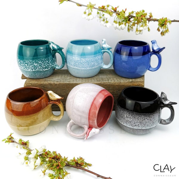 Birds Lovers Ceramic Mugs With Solid Oak Wood Coasters • Handmade Pottery Cups • Stoneware Mug Set • Garden Coffee Mug • Christmas Gift Idea