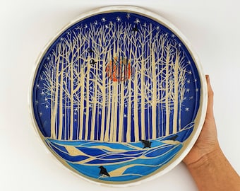 Handmade Forest Pottery Platter • Hand Carved Round Plate