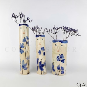 Blue Floral Family Ceramic Bud Vases • Pottery Vases For Flowers • Handmade Stoneware Face Vases • Plants Lover Gifts • Bohemian Home Decor