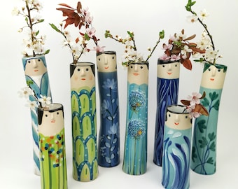 Spring Family Ceramic Bud Vases • Pottery Vases For Dried Flowers • Handmade Stoneware Face Vases • Garden Lover Gift Idea • Boho Home Decor