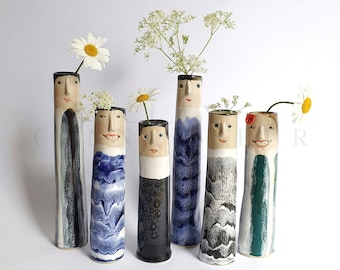 Funny Family Ceramic Bud Vases • Pottery Vases For Flower • Handmade Stoneware Face Vases • Plants Lover Gift Ideas • Bohemian Home Decor