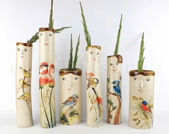 Spring Birds Family Ceramic Bud Vases • Pottery Vases For Flowers • Handmade Stoneware Face Vases • Plants Lover Gifts • Bohemian Home Decor
