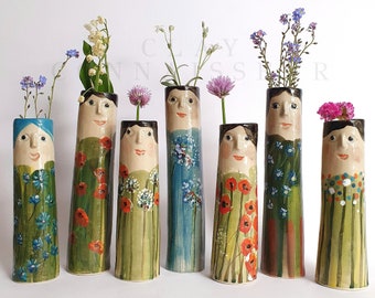 Flower Family Ceramic Bud Vases • Pottery Vases For Dried Flowers • Handmade Stoneware Face Vases • Garden Lover Gift Idea • Boho Home Decor