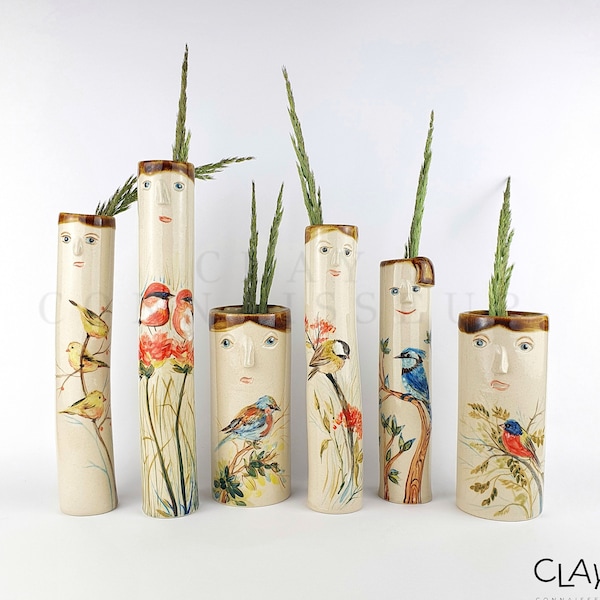 Spring Birds Family Ceramic Bud Vases • Pottery Vases For Flowers • Handmade Stoneware Face Vases • Plants Lover Gifts • Bohemian Home Decor