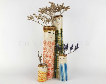 Happy Family Ceramic Bud Vases • Pottery Vases For Dried Flowers • Handmade Stoneware Face Vases • Garden Lover Gift Idea • Boho Home Decor