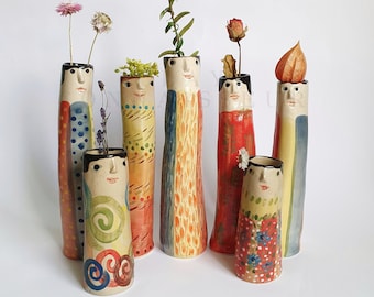 Crazy Family Ceramic Bud Vases • Pottery Vases For Dried Flowers • Handmade Stoneware Face Vases • Garden Lover Gift Idea • Boho Home Decor