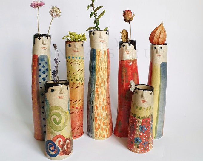 Crazy Family Ceramic Bud Vases • Pottery Vases For Dried Flowers • Handmade Stoneware Face Vases • Garden Lover Gift Idea • Boho Home Decor