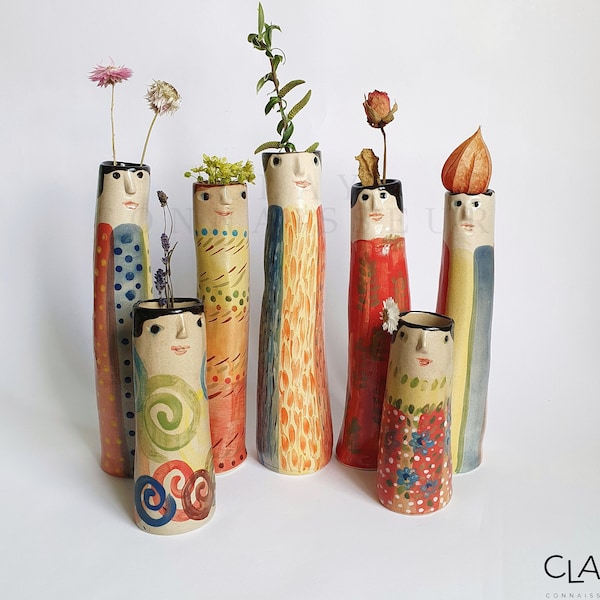 Crazy Family Ceramic Bud Vases • Pottery Vases For Dried Flowers • Handmade Stoneware Face Vases • Garden Lover Gift Idea • Boho Home Decor
