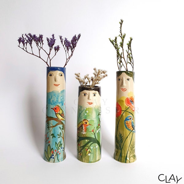 Nature Family Keramikknospenvasen • Keramikvasen für Trockenblumen • Handgemachte Steinzeug-Gesichtsvasen • Pflanzenliebhaber Geschenkidee • Boho Wohndekor