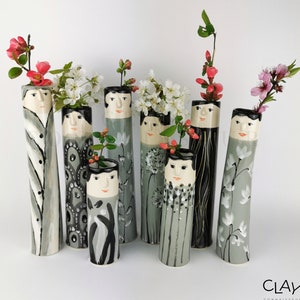 Black & White Family Ceramic Bud Vases • Pottery Vases For Flowers • Handmade Stoneware Face Vase • Garden Lover Gift Idea • Boho Home Decor