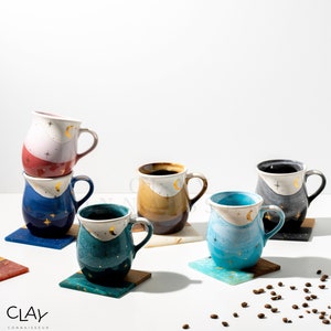 Gold Crescent Moon Ceramic Mugs & Oak Wood Coasters • Handmade Pottery Cups • Stoneware Mug Set • Coffee Lover Mugs • Epoxy Resin Coasters
