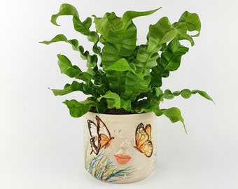 Handgemachter Keramikkopf Übertopf • Keramikgesicht Blumentopf • Steinzeug Sukkulenten Übertopf • Weihnachtsdekoration • Außenvase für Blumen