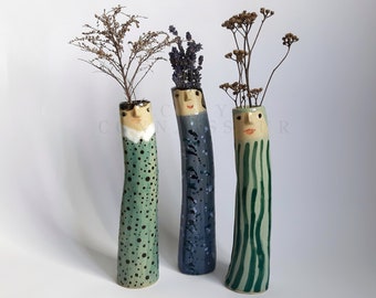 Triple Family Ceramic Bud Vases • Pottery Vases For Dried Flowers • Handmade Stoneware Face Vases • Garden Lover Gift Idea • Boho Home Decor