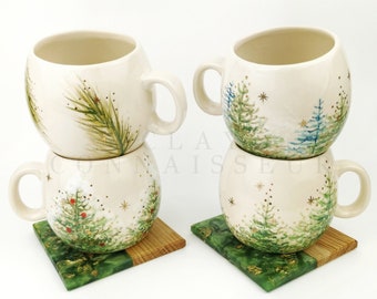 Christmas Tree Ceramic Mugs With Oak Wood Coasters • Handmade Pottery Cups • Stoneware Mug Set • Gold Xmas Coffee Mugs • Christmas Gift Idea
