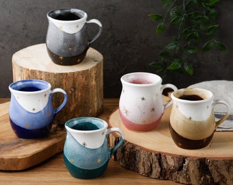 Gold Stars Ceramic Mugs With Solid Oak Wood Coasters • Handmade Pottery Cups • Stoneware Mug Set • Coffee Lover Mugs • Epoxy Resin Coasters