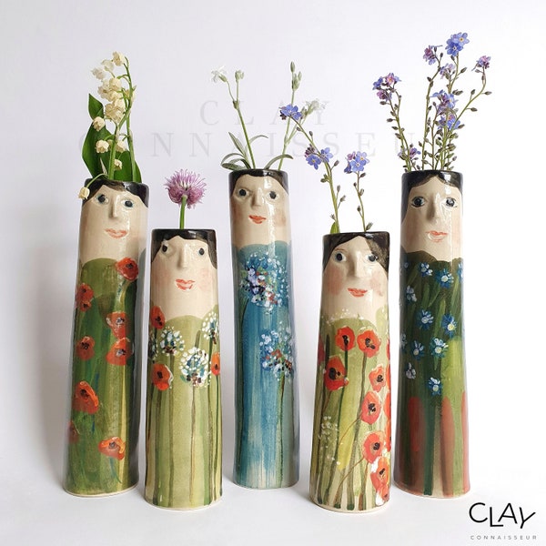 Vases bourgeons en céramique pour famille de fleurs • Vases en poterie pour fleurs séchées • Vases visage en grès faits main • Idée cadeau pour les amateurs de jardin • Décoration d'intérieur bohème