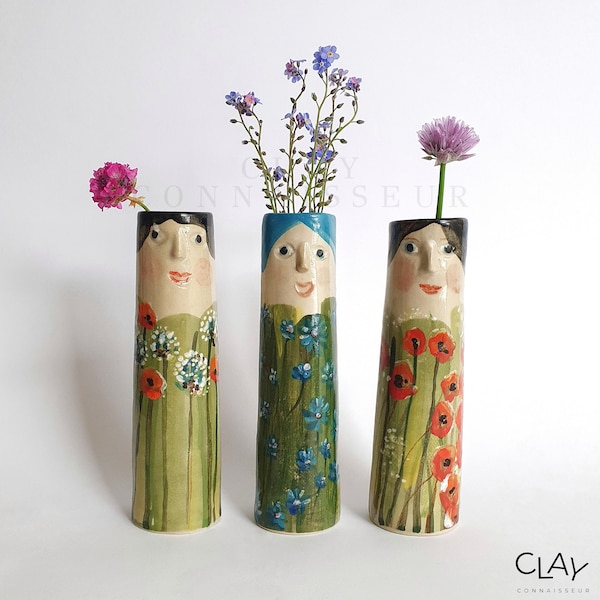 Flower Family Ceramic Bud Vases • Pottery Vases For Dried Flowers • Handmade Stoneware Face Vases • Garden Lover Gift Idea • Boho Home Decor