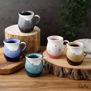 Gold Stars Ceramic Mugs With Solid Oak Wood Coasters • Handmade Pottery Cups • Stoneware Mug Set • Coffee Lover Mugs • Epoxy Resin Coasters