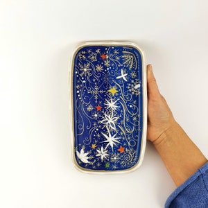 Handmade Winter Pattern Pottery Platter • Hand Carved Square Plate • Pottery Kitchen Wall Art • Christmas Table Decor • Wall Decor Blue Tray