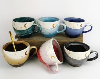 Gold Crescent Moon Ceramic Mugs & Oak Wood Coasters • Handmade Pottery Cups • Stoneware Mug Set • Coffee Lover Mugs • Epoxy Resin Coasters