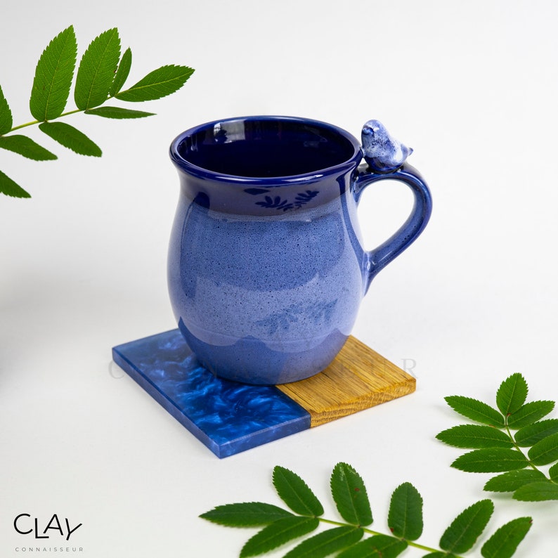 Birds Lovers Ceramic Mugs With Solid Oak Wood Coasters Handmade Pottery Cups Stoneware Mug Set Garden Coffee Mug Christmas Gift Idea Blue