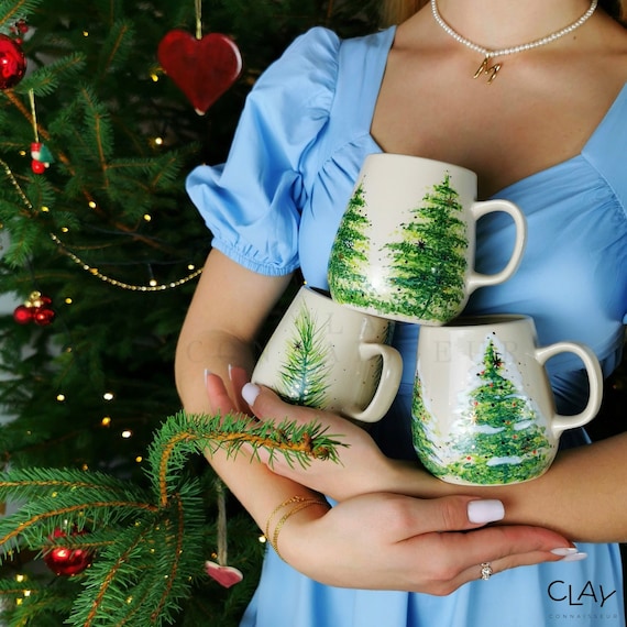 Christmas Tree Ceramic Mugs With Oak Wood Coasters • Handmade