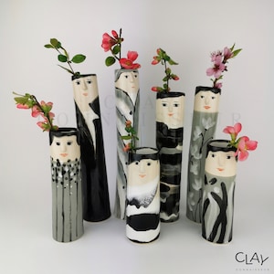 Jarrones de cerámica en blanco y negro para familias • Jarrones de cerámica para flores • Jarrón de cerámica hecho a mano • Idea de regalo para amantes de la jardinería • Decoración del hogar bohemia