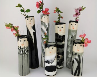 Black & White Family Ceramic Bud Vases • Pottery Vases For Flowers • Handmade Stoneware Face Vase • Garden Lover Gift Idea • Boho Home Decor