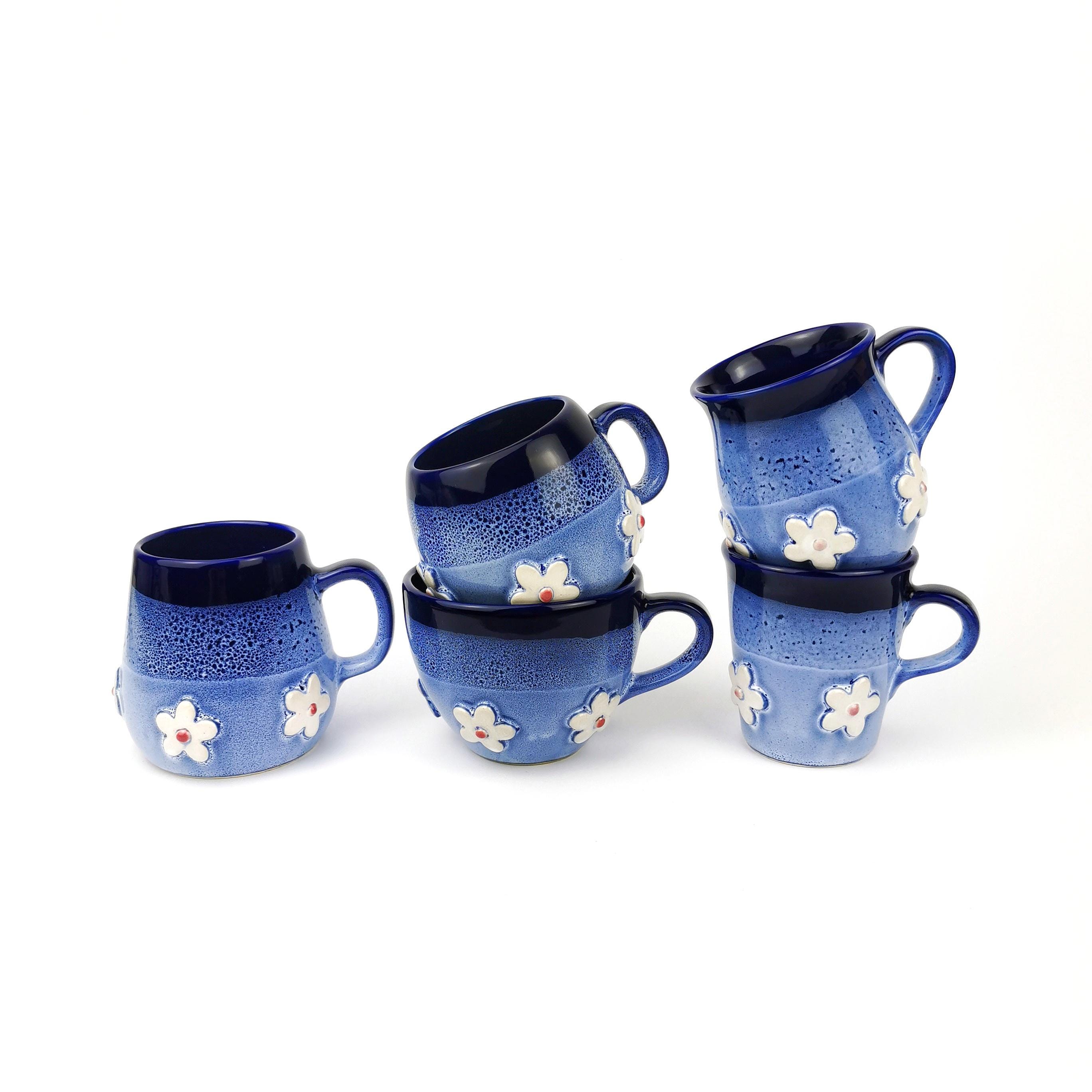 Blue Daisy Ceramic Mugs & Oak Wood Coasters • Handmade Pottery Flower Cups • Stoneware Mug Set • Garden Coffee Mugs • Christmas Gift Ideas