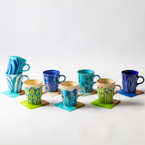 Spring Ceramic Mugs With Oak Wood & Resin Coasters • Handmade Pottery Cups • Stoneware Mug Set • Garden Coffee Mug • Christmas Gift Ideas