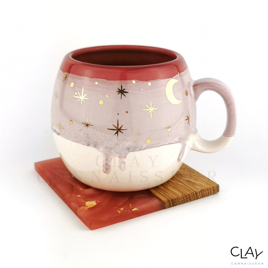Ceramic Pink Mugs & Solid Oak Wood Coasters Xmas Handmade Pottery Cups