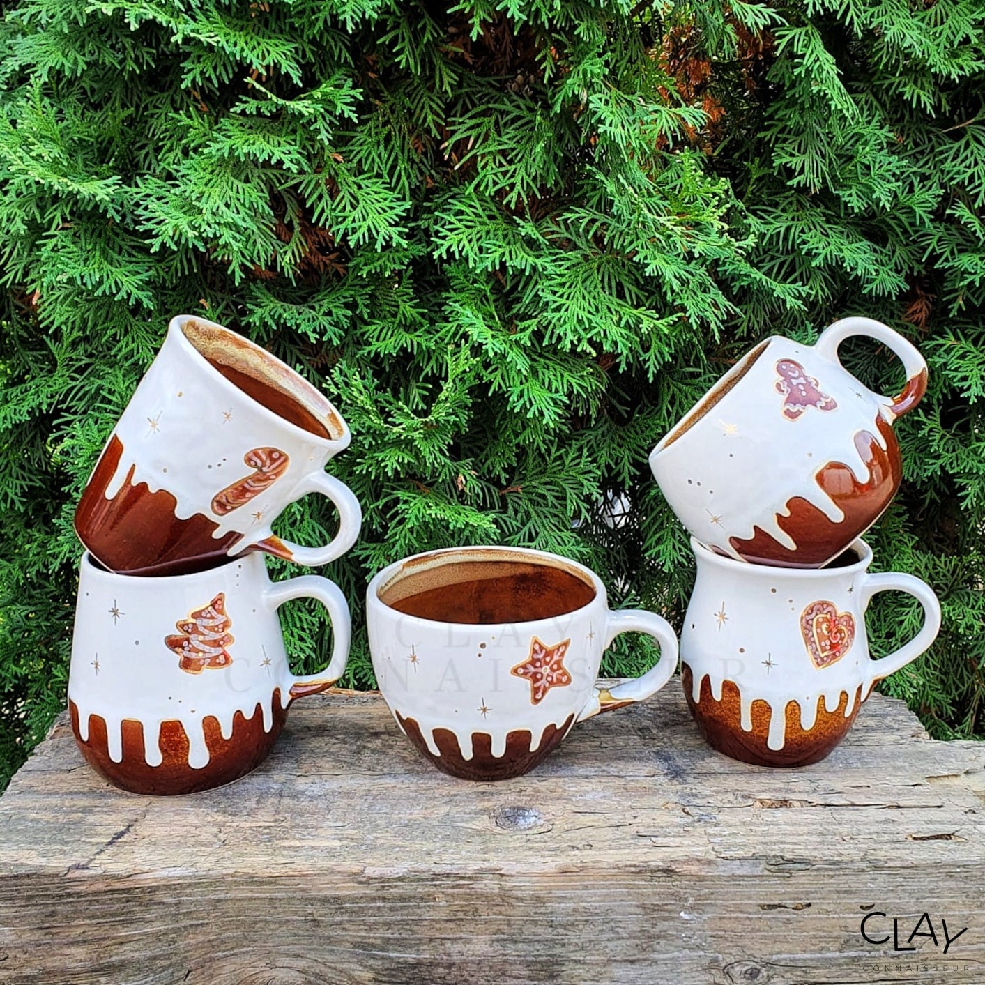 Gingerbread Cookies Ceramic Mugs With Oak Wood Coasters • Handmade
