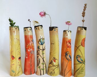 Vases en céramique pour famille d'été • Vases en poterie pour fleurs séchées • Vases visage en grès faits main • Idée cadeau pour les amateurs de jardin • Décoration d'intérieur bohème