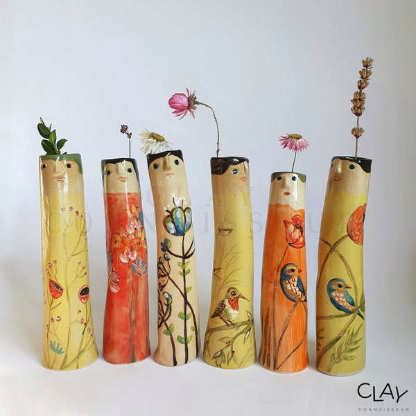 Summer Family Ceramic Bud Vases • Pottery Vases For Dried Flowers • Handmade Stoneware Face Vases • Garden Lover Gift Idea • Boho Home Decor