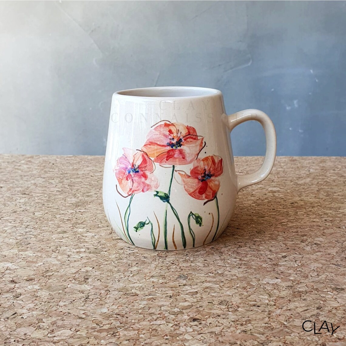 Flowers Design Ceramic Mugs With Oak Wood Coasters • Handmade Pottery ...