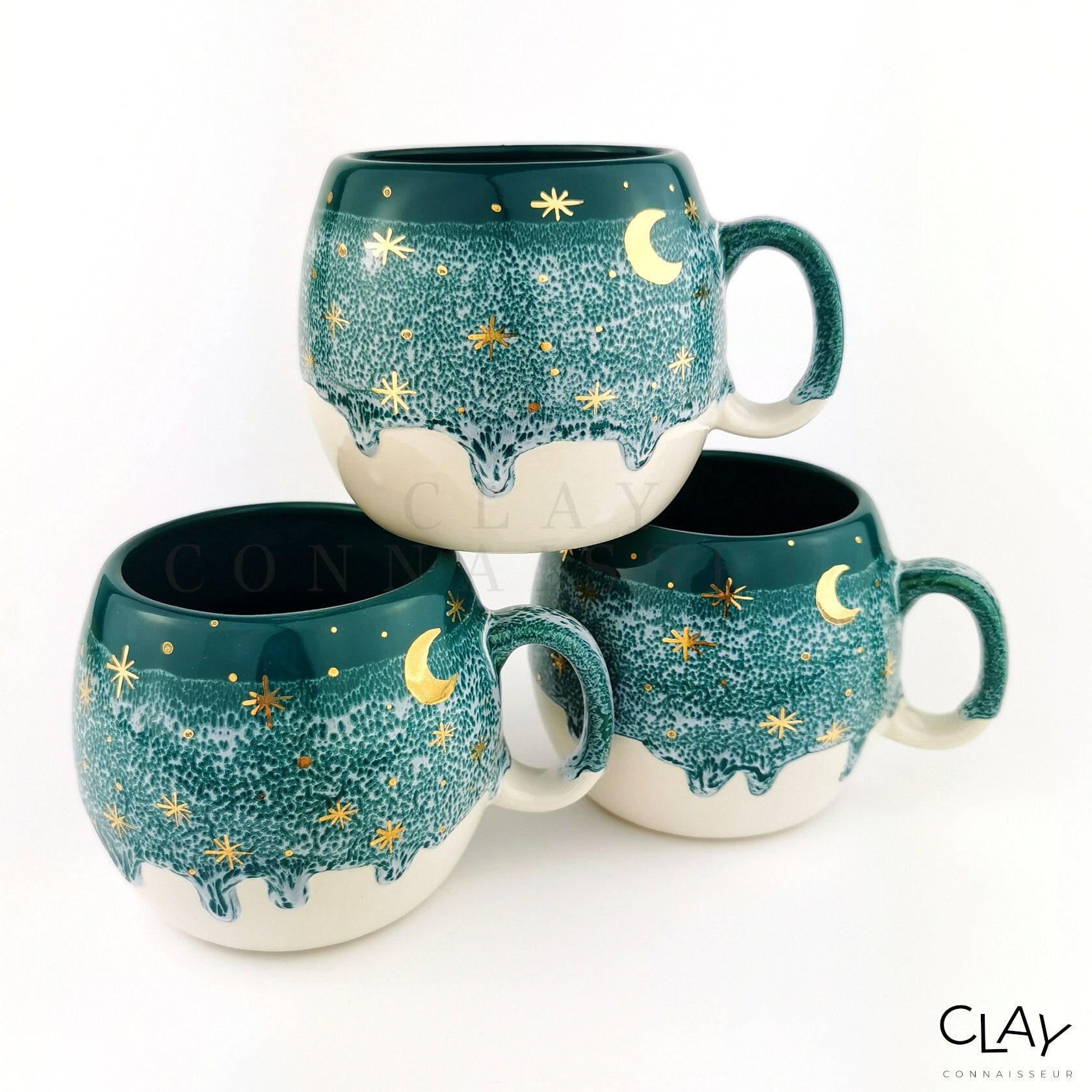 Ceramic Green Mugs & Solid Oak Wood Coasters • Xmas Handmade Pottery Cups • Stoneware Mug Set • Coffee Christmas Mugs • Epoxy Resin Coasters