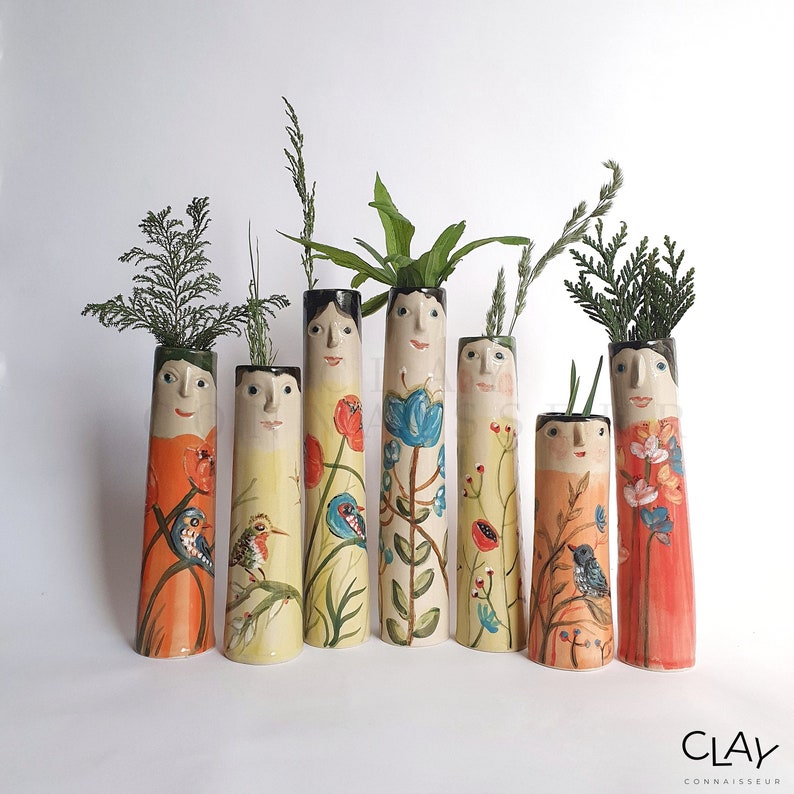 Sunny Family Ceramic Bud Vases Pottery Vases For Dried Flowers Handmade Stoneware Face Vases Garden Lover Gift Idea Boho Home Decor Set of 7