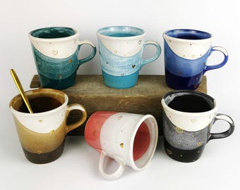 Gold Hearts Ceramic Mugs & Oak Wood Coasters • Handmade Pottery Cups • Stoneware Mug Set • Mugs For Coffee Tea Lover • Epoxy Resin Coasters