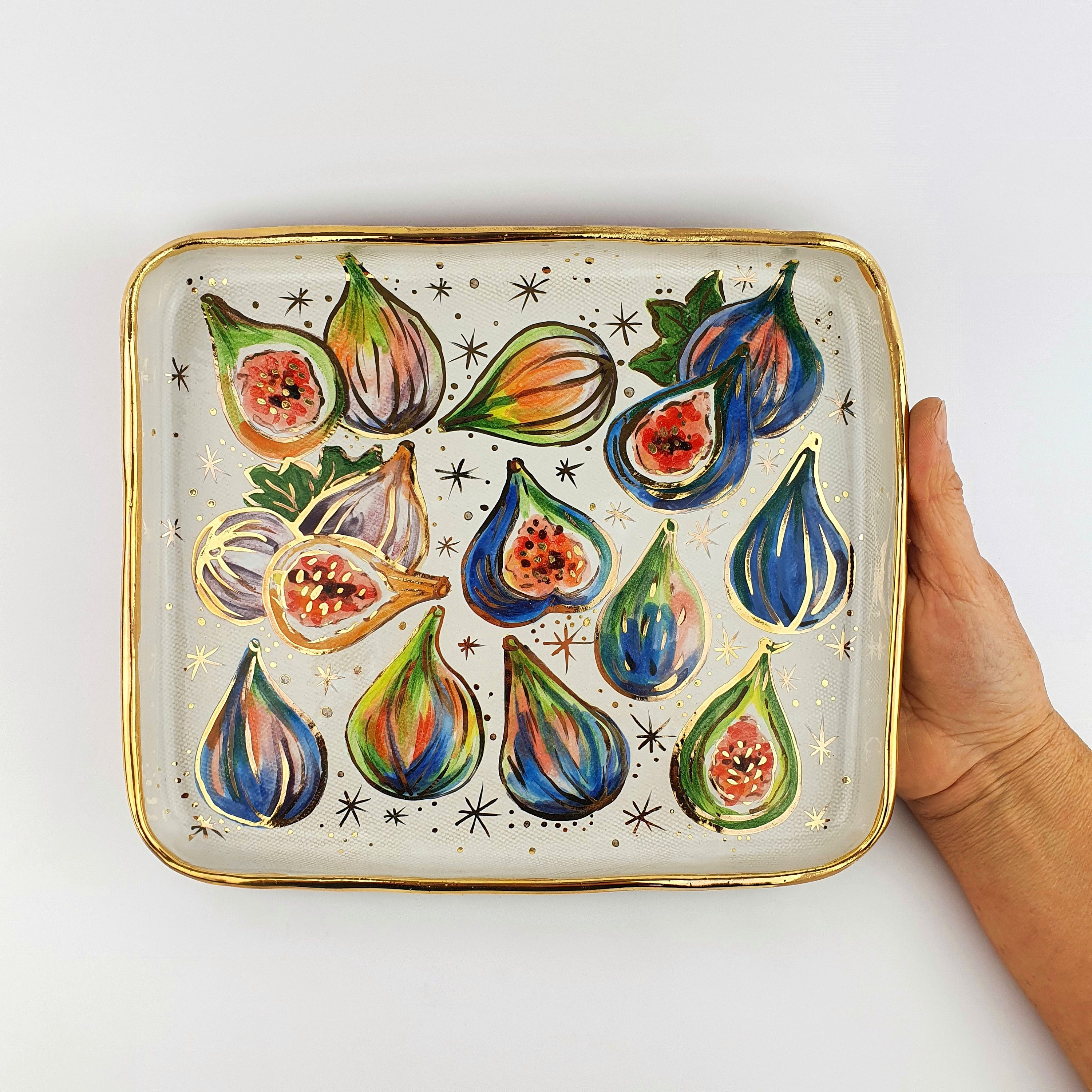 Hand-painted Gold Ceramic Fig Plate • Handmade Square