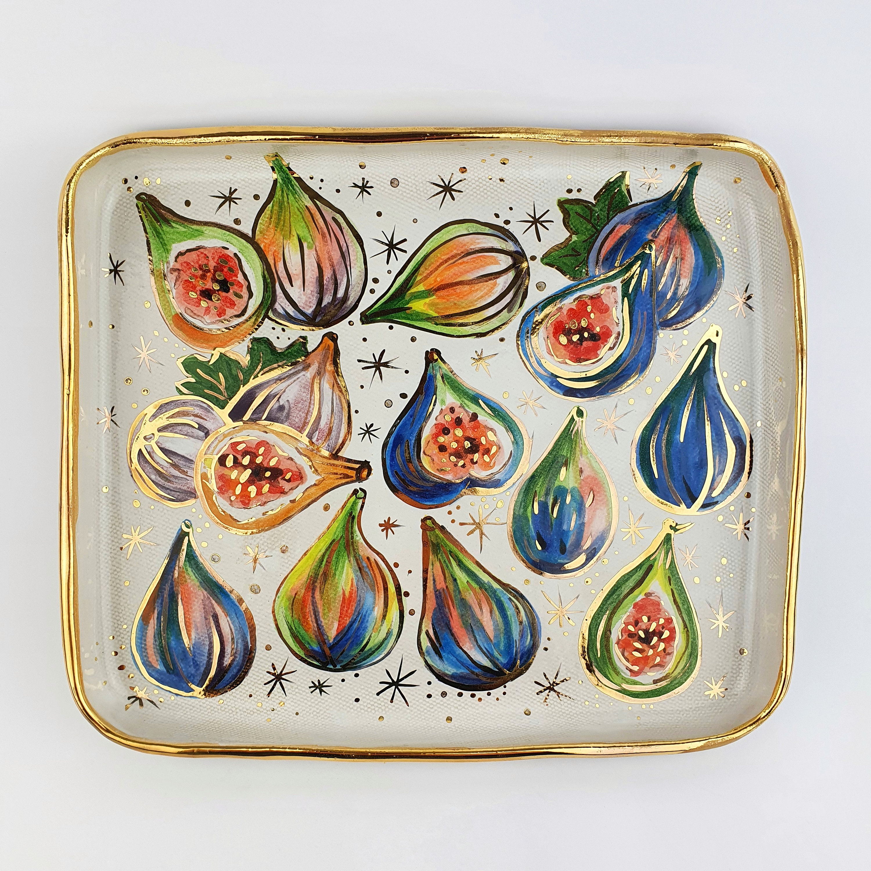 Hand-painted Gold Ceramic Fig Plate • Handmade Square