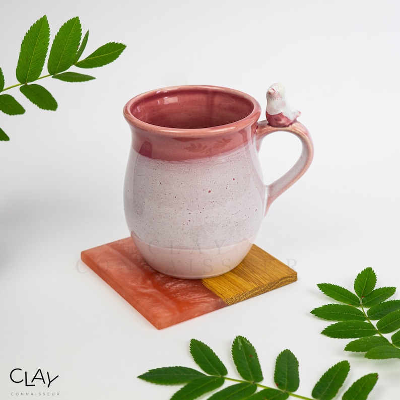 Birds Lovers Ceramic Mugs With Solid Oak Wood Coasters Handmade Pottery Cups Stoneware Mug Set Garden Coffee Mug Christmas Gift Idea Pink