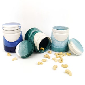 Può includere: Tre barattoli in ceramica con coperchi in tonalità di blu e verde. I barattoli hanno una fascia bianca attorno al centro e sono decorati con un motivo ondulato. I coperchi sono anche decorati con un motivo ondulato. Noci di acagiù sono sparse su una superficie bianca davanti ai barattoli.