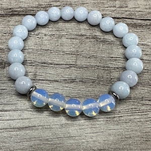 Bracelet en jade bleu laiteux et pierres précieuses opalite, espaceurs en acier inoxydable