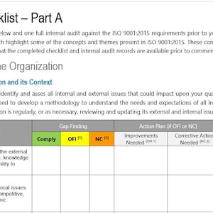 May include: A checklist titled "Gap Analysis Checklist - Part A" with text and tables. The checklist is for ISO 9001:2015 requirements. The tables include sections for Gap Analysis Questions, Gap Finding, Action Plan, and Notes. The checklist is for internal audits.