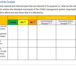 May include: A document titled "4.1 Understanding the Organisation and its Context" with a yellow and white table. The table includes columns for "Gap Finding", "Action Plan", and "Notes". The text includes questions about internal and external issues.