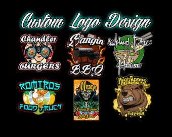 Loghi personalizzati realizzati: ottimi per i distributori automatici di barbecue per camion di cibo. Loghi di servizio per camion di negozi di dolciumi. Design del logo personalizzato