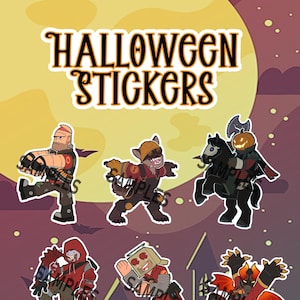 May include: A sheet of Halloween stickers featuring various cartoon characters in spooky costumes. The stickers include a pumpkin-headed rider, a vampire, and other figures, all set against a backdrop of a haunted house and a full moon.