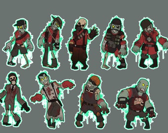 Puede incluir: Ilustración de diez personajes zombis con varios atuendos, cada uno con rasgos esqueléticos expuestos y ojos verdes brillantes. Los personajes están representados con un estilo de dibujos animados, con efectos de salpicaduras de pintura verde a su alrededor. Los atuendos incluyen sombreros, chalecos y otros accesorios.