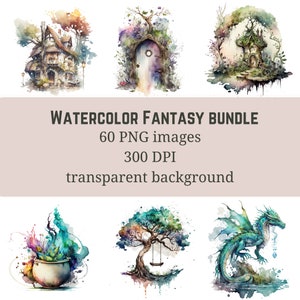 Watercolor Fantasy Bundle | 60 PNG Images | Commercial Use | 300 DPI | Fantasy Clipart Bundle | Fairy Clipart Bundle | Junk Journal Clipart